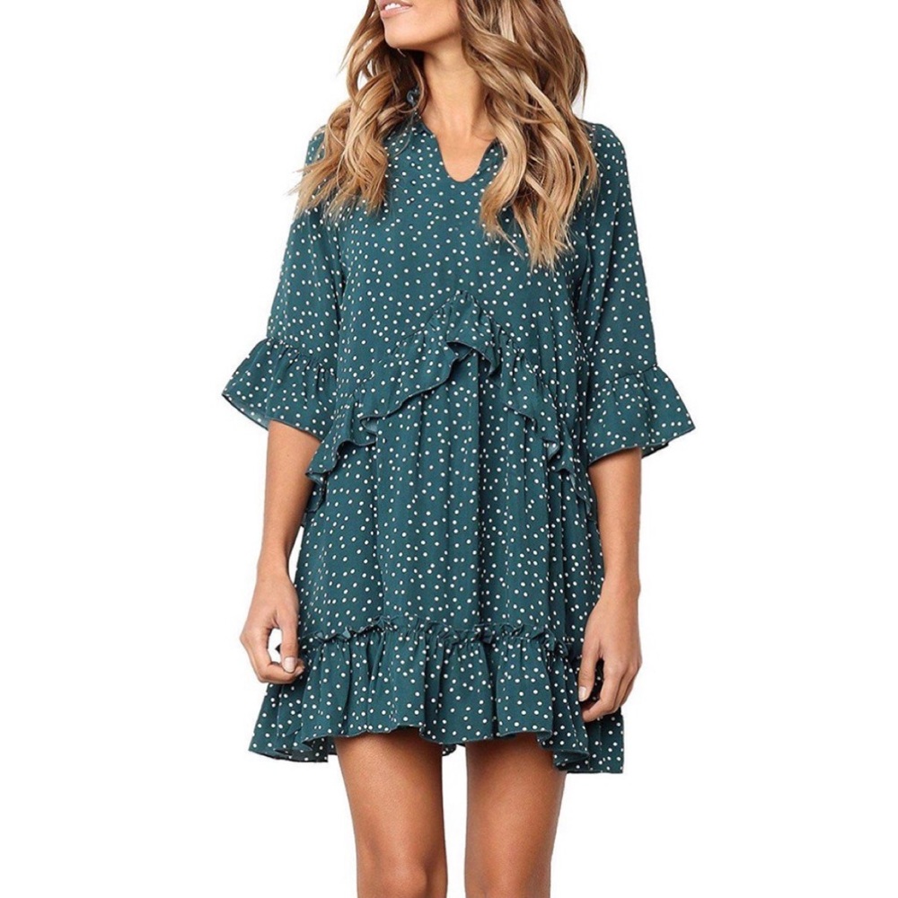 NWOT Polka Dot Ruffle Mock Neck Dress - Green / White